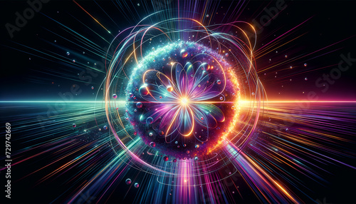 Abstract nuclear fusion reaction with vibrant digital aurora and metallic spheres.