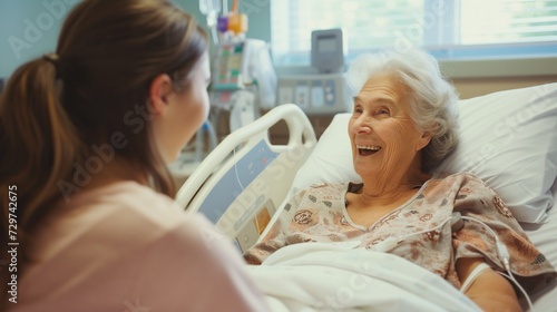 Grandma talking with young woman on the hospital bed