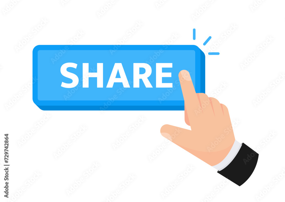 Hand tapping a Share button. Web button. Finger Pressing. Content on social media platforms. Vector illustration Hand tapping a Share button. Web button. Finger Pressing. Content on social media platforms. Vector illustration