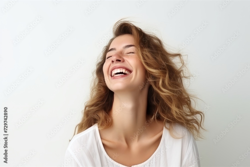 Portrait of a happy young woman laughing and looking up over gray background Portrait of a happy young woman laughing and looking up over gray background