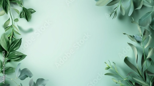 Green leaves arranged in a frame on a mint green background, with space for text.