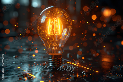 Illuminating Innovation: A Glimpse into the Fusion of Technology and Ideas,Electronic circuit board with glowing filament light bulb. 3D rendering