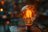 Illuminating Innovation: A Glimpse into the Fusion of Technology and Ideas,Electronic circuit board with glowing filament light bulb. 3D rendering