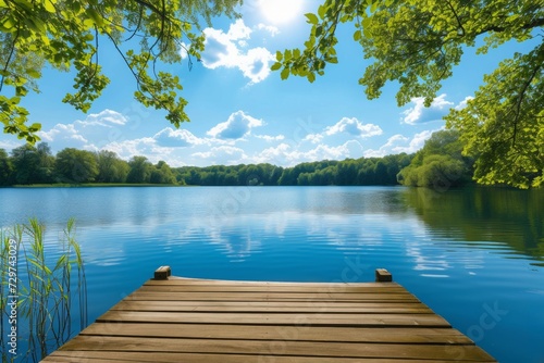 Tranquil View from Wooden Pier at Lake with Sun Shining