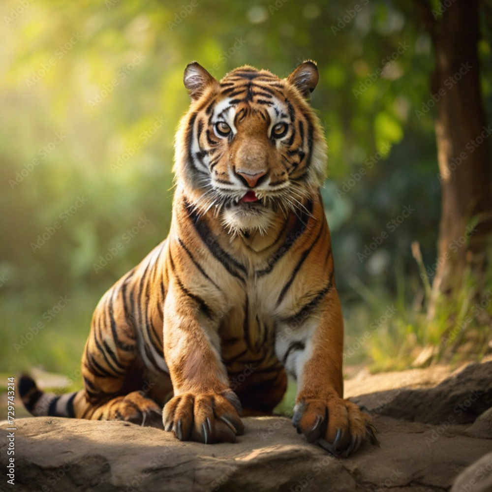 Obraz premium Amazing tiger in the nature habitat. Tiger pose during the golden light time. Wildlife scene with danger animal.