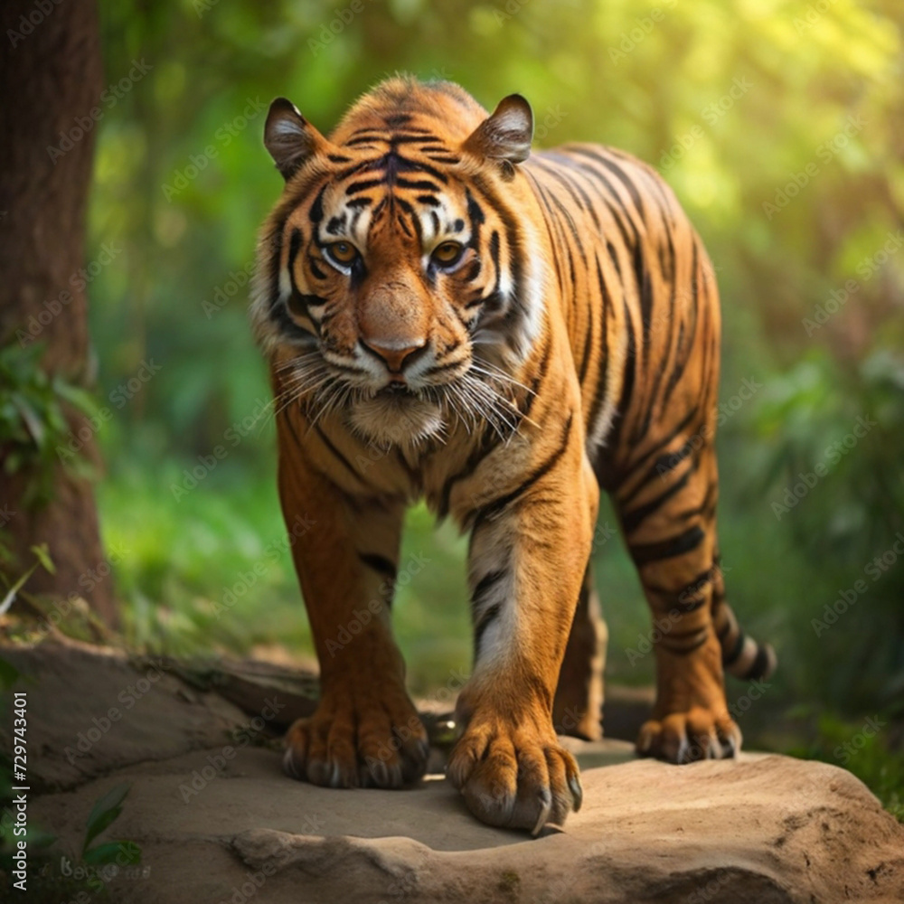 Amazing tiger in the nature habitat. Tiger pose during the golden light time. Wildlife scene with danger animal. Amazing tiger in the nature habitat. Tiger pose during the golden light time. Wildlife scene with danger animal.