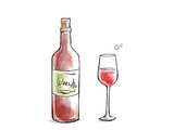 ワインボトルとグラス（中身あり）のラフな水彩イラスト