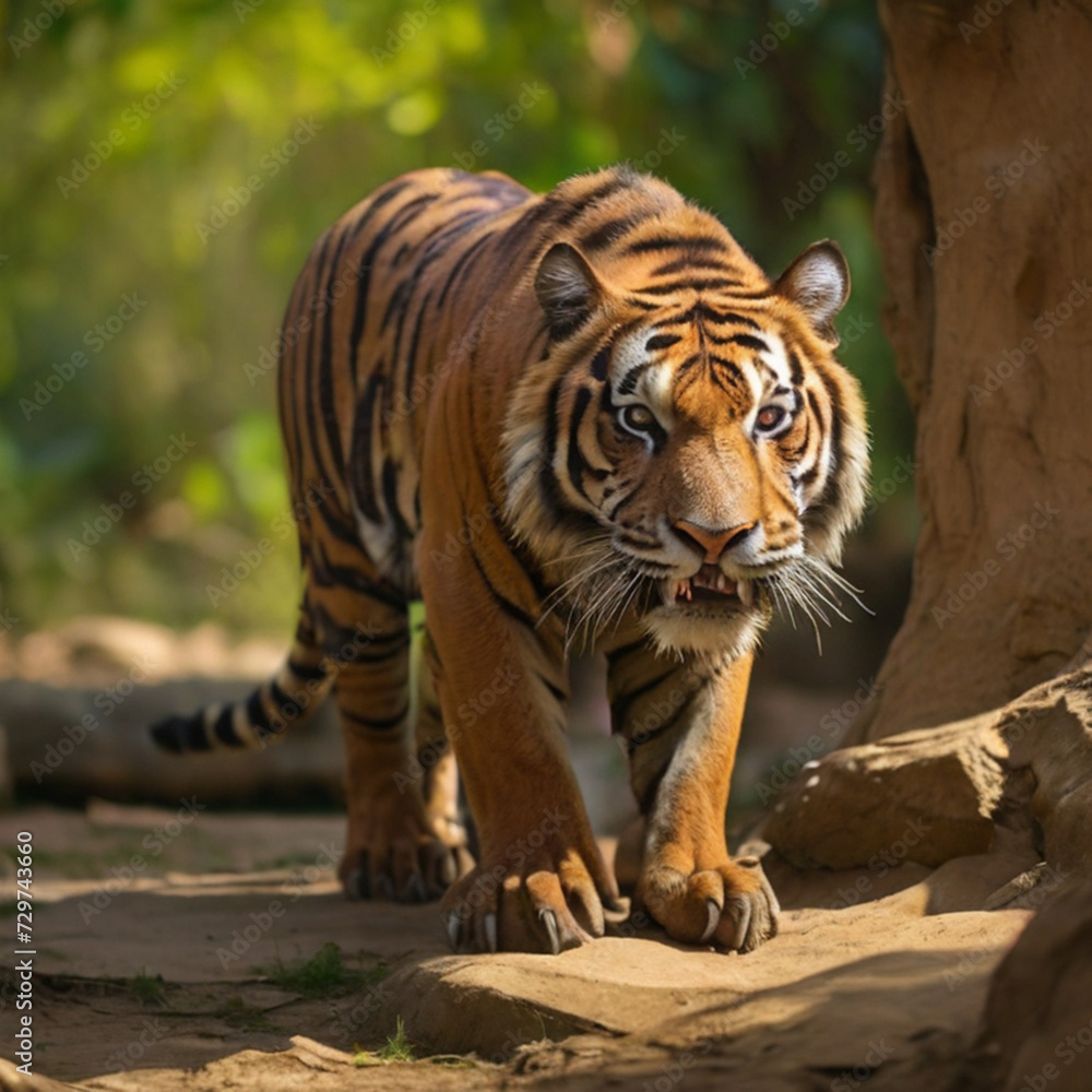 Amazing tiger in the nature habitat. Tiger pose during the golden light time. Wildlife scene with danger animal. Amazing tiger in the nature habitat. Tiger pose during the golden light time. Wildlife scene with danger animal.