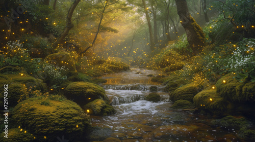 A enchanted woodland of sparkling streams and mosscovered stones where shimmering fireflies light the way and the air is thick with the scent of wildflowers and ancient spells.