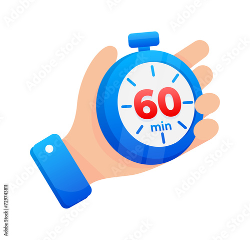 Hand firmly gripping a blue stopwatch set to 60 minutes, with a prominent red highlight on the timer