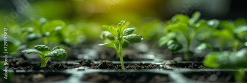 Young green seedlings growing in soil in plant trays, sustainable agriculture, spring planting concept, background with a place for text © fotoworld