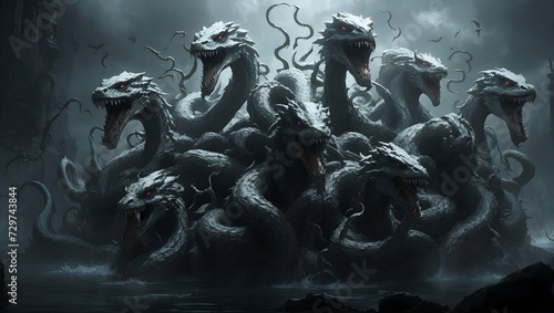 nine head hydra,mytical monster.fangs,fierce,dark aura photo