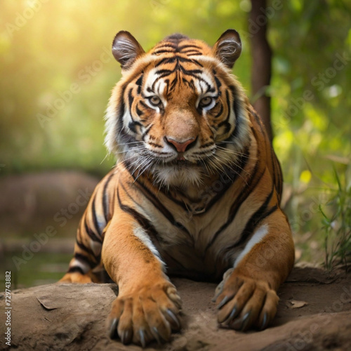 Amazing tiger in the nature habitat. Tiger pose during the golden light time. Wildlife scene with danger animal.