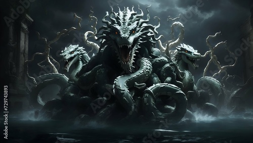 nine head hydra,mytical monster.fangs,fierce,dark aura photo