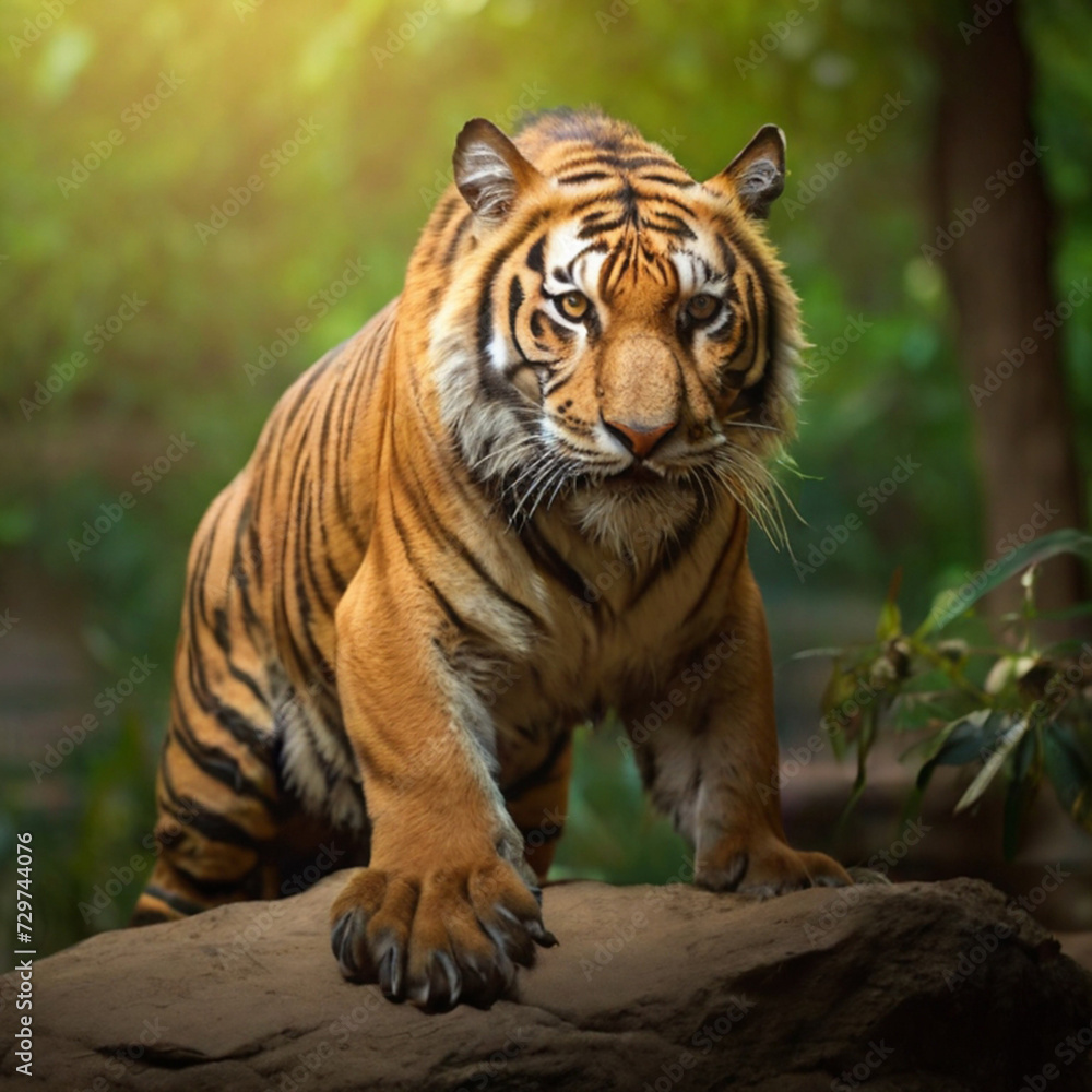 Amazing tiger in the nature habitat. Tiger pose during the golden light time. Wildlife scene with danger animal.