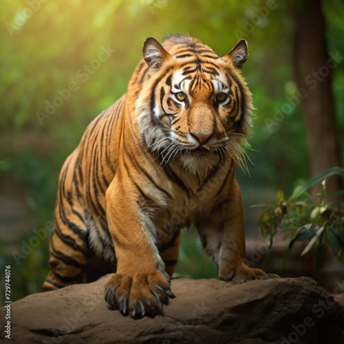 Amazing tiger in the nature habitat. Tiger pose during the golden light time. Wildlife scene with danger animal.