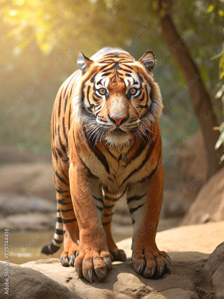 Obraz premium Amazing tiger in the nature habitat. Tiger pose during the golden light time. Wildlife scene with danger animal.