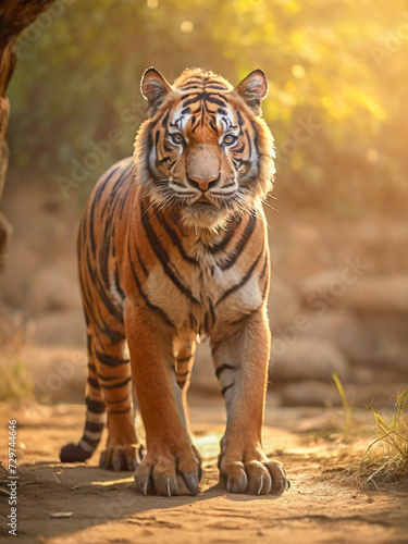 Amazing tiger in the nature habitat. Tiger pose during the golden light time. Wildlife scene with danger animal. © Shhb