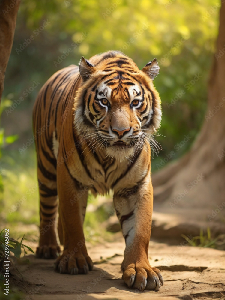 Obraz premium Amazing tiger in the nature habitat. Tiger pose during the golden light time. Wildlife scene with danger animal.