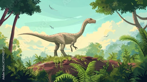A fleetfooted ornithopod darts a the trees snacking on plants and avoiding the larger more dangerous dinosaurs that roam the land.