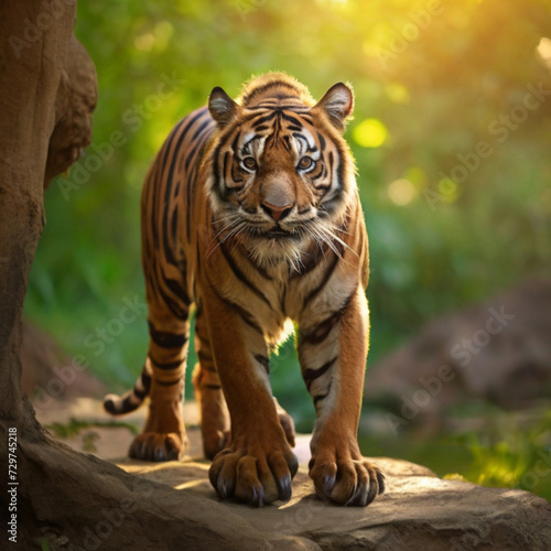 Amazing tiger in the nature habitat. Tiger pose during the golden light time. Wildlife scene with danger animal.