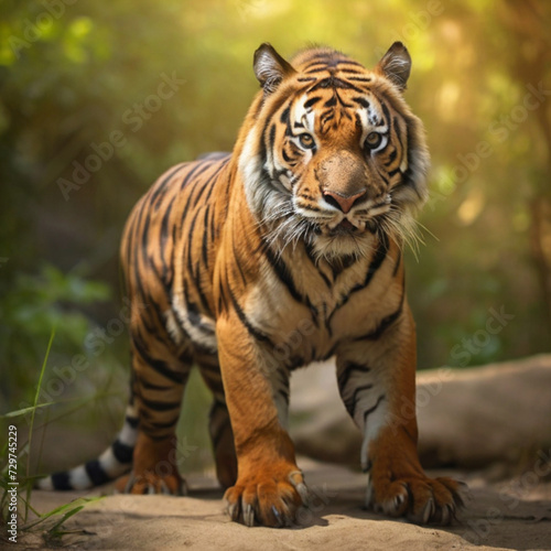 Amazing tiger in the nature habitat. Tiger pose during the golden light time. Wildlife scene with danger animal.