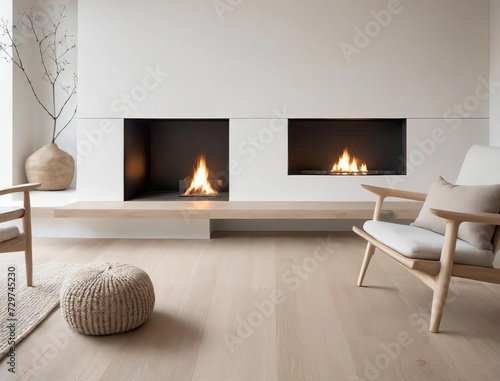 Minimalistic Study with Modern Fireplace and Organic Materials Gen AI photo