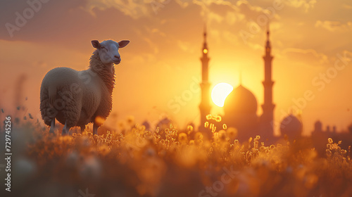 Sacred Sacrifice- Eid Al Adha Mubarak Background with Sheep and Islamic Prayer photo
