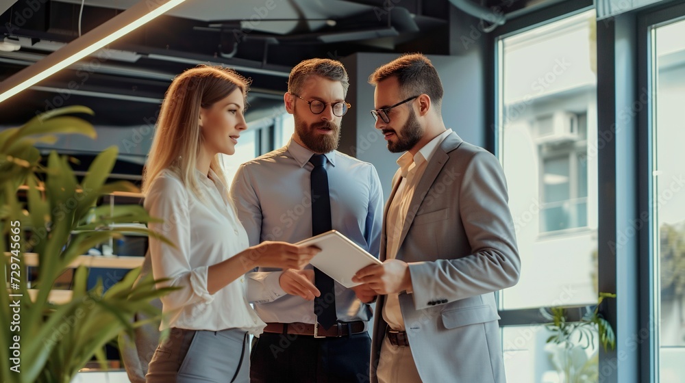 Businessman and businesswoman standing holding a white tablet Businessman and businesswoman standing holding a white tablet