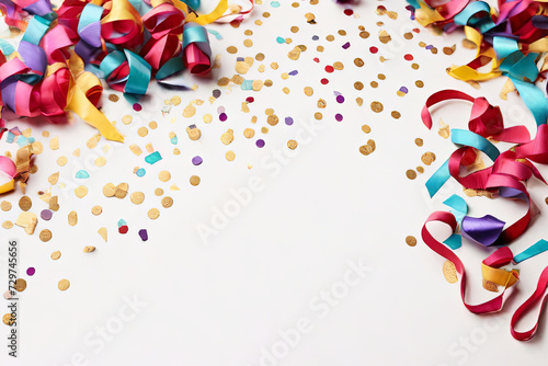 Festive confetti and streamers. Colorful background for birthday parties or New Year's celebrations, with ample copy space.