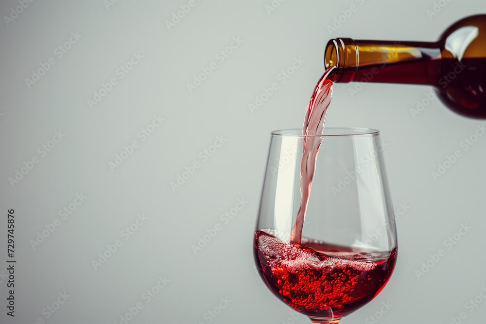 Fototapeta premium Wine Pour Mockup: Elegant Cascade from Bottle to Glass on Plain Background.