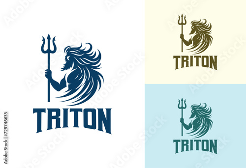 triton or poseidon standing holding trident logo vector illustration