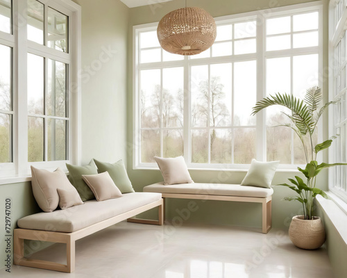 Serenity in the Sunroom - Professional close-up photo of a minimalistic interior with natural light and subdued tones Gen AI photo