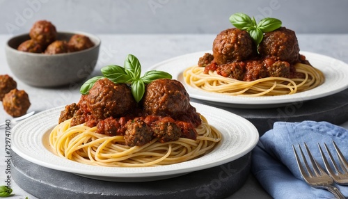 Two Plates of Spaghetti with Vegetarian Mince Balls in Modern Flat Design Vector