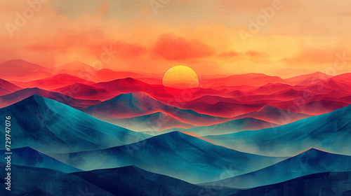 A hard-edge abstraction of a sunset with geometric shapes and gradients.