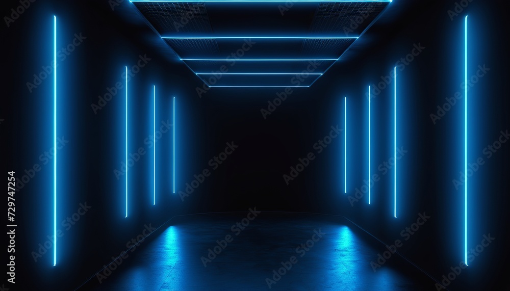 Modern Flat Style Vector Illustration of Dark Room with Neon Blue Lights