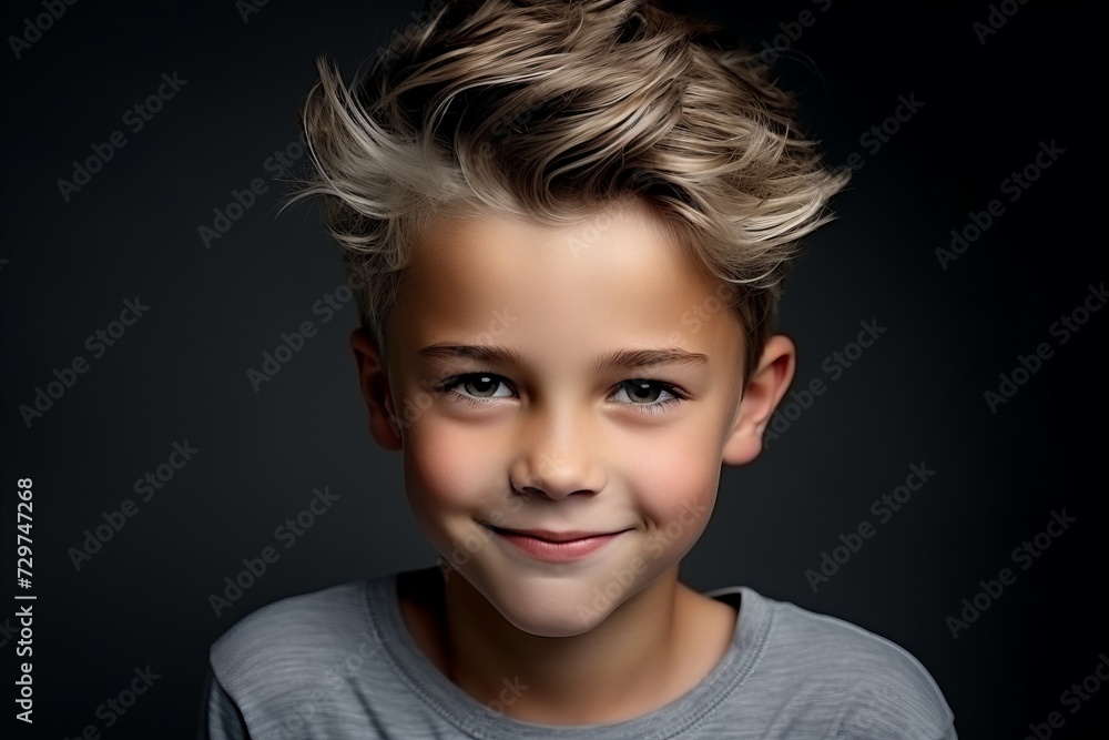 Portrait of a handsome little boy with blond hair on a dark background. Portrait of a handsome little boy with blond hair on a dark background.