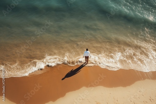 Top view of a man in a white shirt on the seashore.