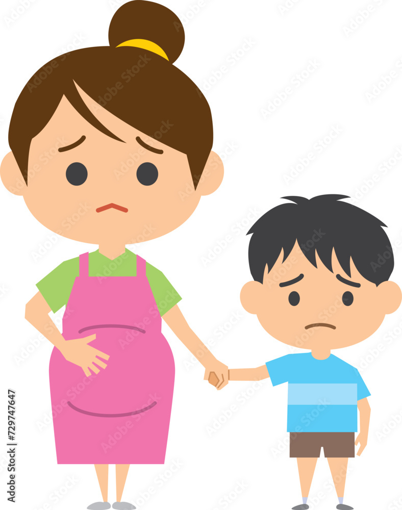 困り顔をしている妊婦さんと息子のイメージイラスト