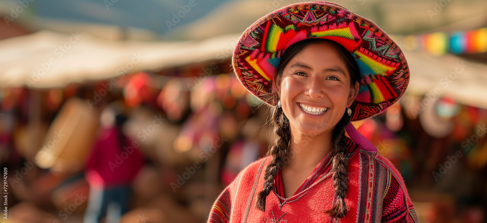 Beautiful Peruvian woman dressed in her typical costume smiles looking at the camera with depth of field. Concept of Latin American ethnicities.