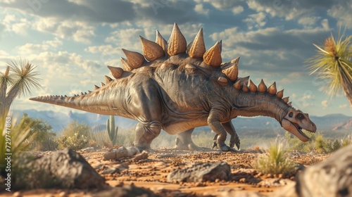 A Stegosaurus cautiously grazes on a patch of dry vegetation its armor plates protecting it from the intense desert sun. © Justlight