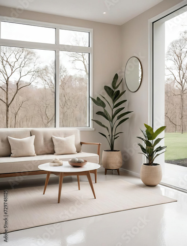 Sophisticated Minimalism - Professional close-up of a sunlit Scandinavian-inspired sunroom with mid-century modern elegance Gen AI