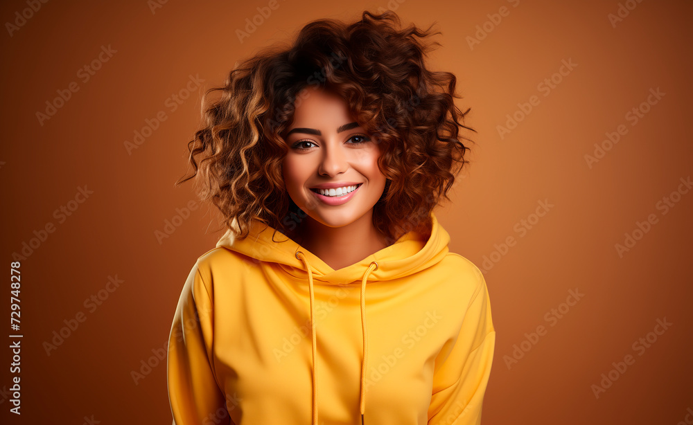 Beautiful woman with curlers in her hair dressed in yellow smiles looking at the camera on an orange-brown background. Beautiful woman with curlers in her hair dressed in yellow smiles looking at the camera on an orange-brown background.