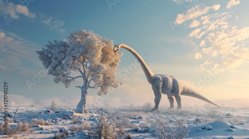 A longnecked brachiosaurus reaching its towering head up to nibble on leaves from a lone tree in the frosty tundra. photo