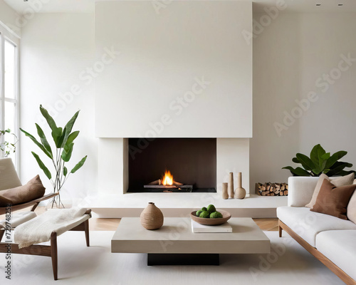 Minimalistic Living Room with Modern Fireplace and Neutral Textiles Gen AI photo