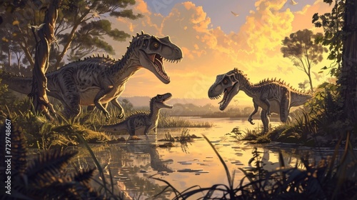 A pack of Velociraptors gather around a small pond their sharp teeth glinting in the last light of day.