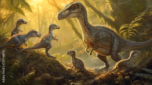 In the soft light of dawn a group of Maiasaura mothers gently nuzzle their newly hatched offspring while others stand guard against potential predators. photo