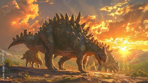 A group of gentle stegosaurus peacefully grazing on a picturesque mountain the sun setting behind them casting a warm glow on their armored backs. © Justlight
