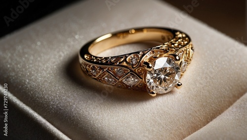 A close-up of an elegant diamond ring with intricate design, sparkling on a velvet cushion under soft lighting Generative AI