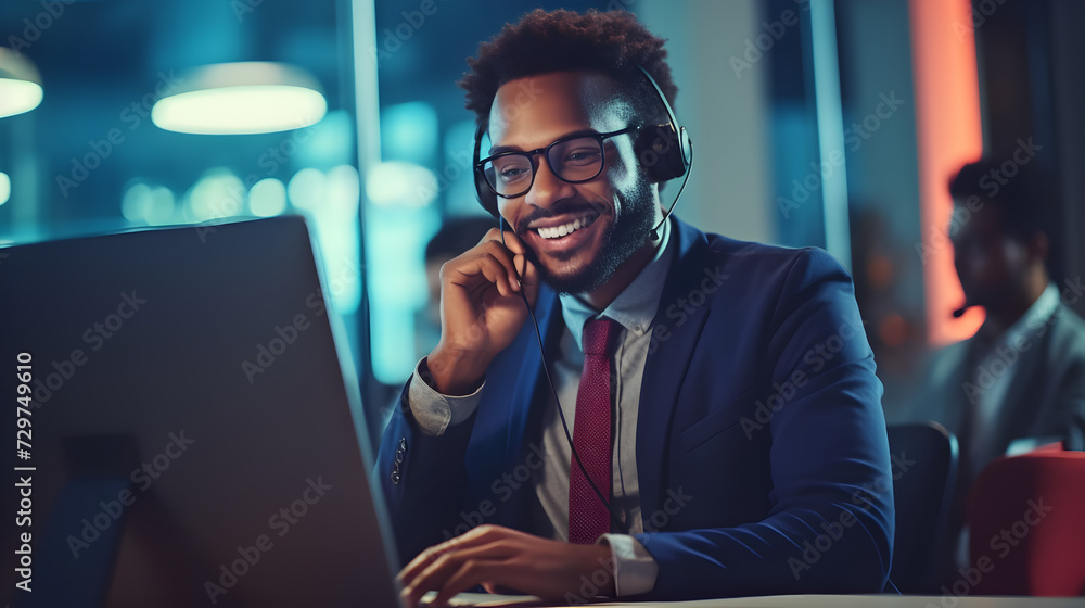 A diligent call center professional, efficiently managing customer queries with a smile and advanced technology in a modern contemporary office A diligent call center professional, efficiently managing customer queries with a smile and advanced technology in a modern contemporary office